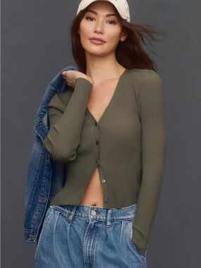 GOOD AMERICAN Shine Cardigan In Olive Green Fatigue Stretchy Ribbed Knit Sz M